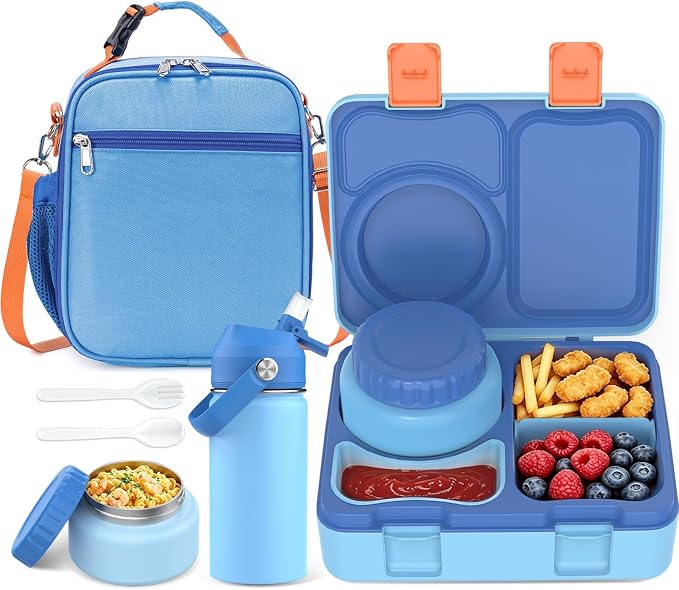 Bento Lunch Box for Kids Adult, Leakproof 3-4 Compartment Bento Box Set with Insulated Food Jar,Water Bottle, Lunch Bag, School Lunch Container for Toddler Teen Girls Boys Ages 3+(Blue)