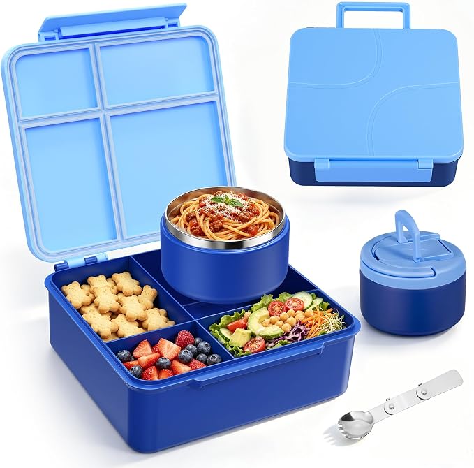 Bento Lunch Box Set for Kids with 8 oz Soup Thermo, Leakproof Hot Food Container with 4 Compartments, Insulated Food Jar for Toddler Daycare Boys Girls School - Blue
