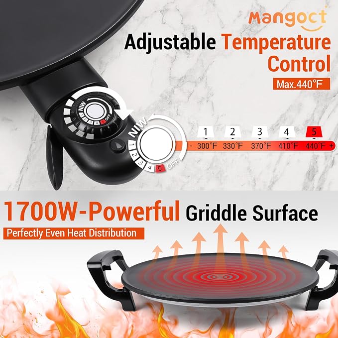 18.5” Electric Injera Maker, Mitad for Ethiopian Injera, Pancake Teff Maker, Electric Griddle with Lid, Non-Stick Surface, Easy to Clean, Adjustable Mechanical Knob Control, Even Heating