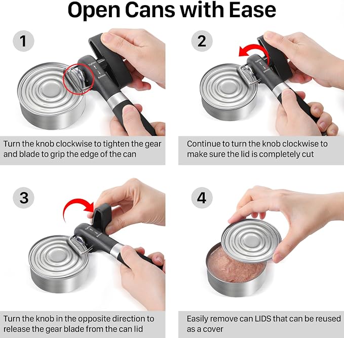 Beneno Can Opener, Manual Side Safe Cut Can Opener Smooth Edge, Black | Durable Sharp DC53 Steel Cutting Blade, Clean Cut with no Sharp Can Edges, Big Effort-Saving Knob, Comfortable Non-Slip Grip