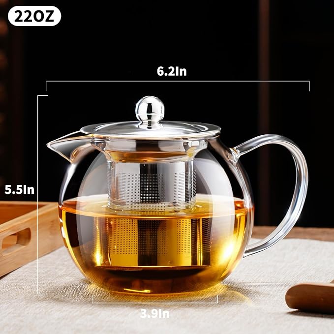 PARACITY Glass Teapot Stovetop 22 OZ/650ml, Tea pot with Removable 18/8 Stainless Steel Infuser, Borosilicate Clear Tea Kettle, Teapot Blooming and Loose Leaf Tea Maker Tea Brewer for Camping, Travel | Clear small tea kettle with infuser and tea pot wi...
