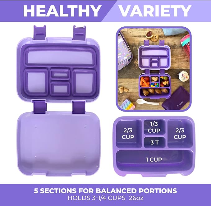 kinsho Kids Bento Lunch Box, Water Bottle, Ice Pack & Bag, Purple Unicorn | 5 Compartment Food Container for Lunches Snacks, BPA Free Plastic, Insulated Set for Small Girls Toddlers Daycare, Pre-School