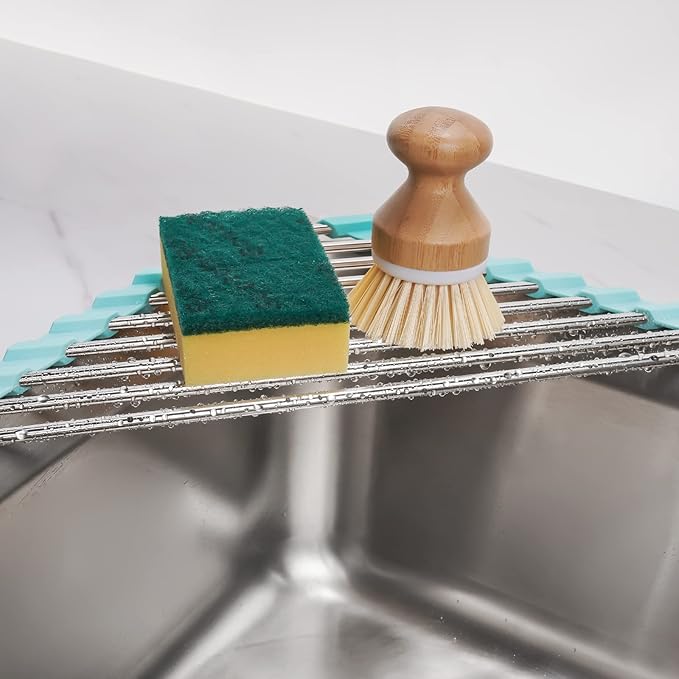 Tomorotec Green Triangle Roll-Up Dish Drying Rack for Sink Corner - Small, Foldable, Stainless Steel, Multipurpose Kitchen Drainer Caddy, Trivet, Rustproof Organizer, Storage Shelf | BPA-Free Food-Grade Silicone Edges Foldable Waterproof Rustproof Heav...