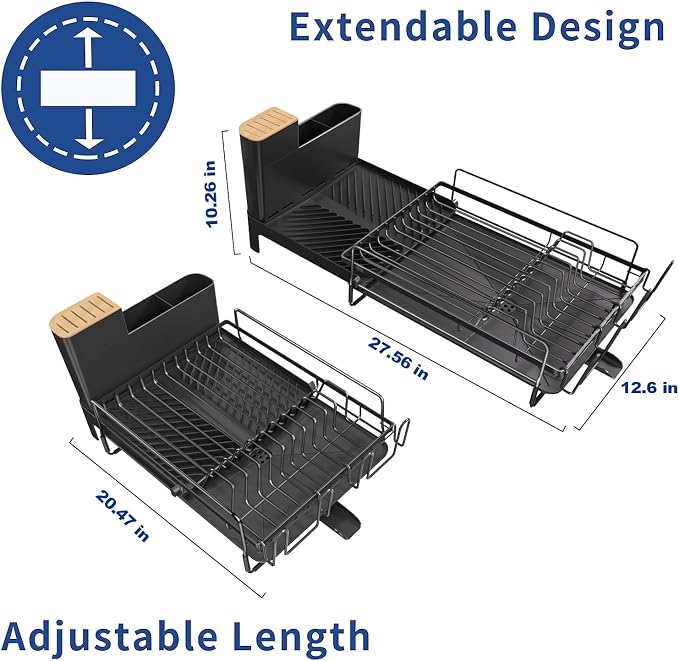 Runnatal Large Dish Drying Rack Stainless Steel Sink for Kitchen | Extendable Dish Rack Used in Sink & Kitchen Counter, with Drainboard Set & Utensil Holder & Cup Holder 20.5"-27.6"L x 12.6"W