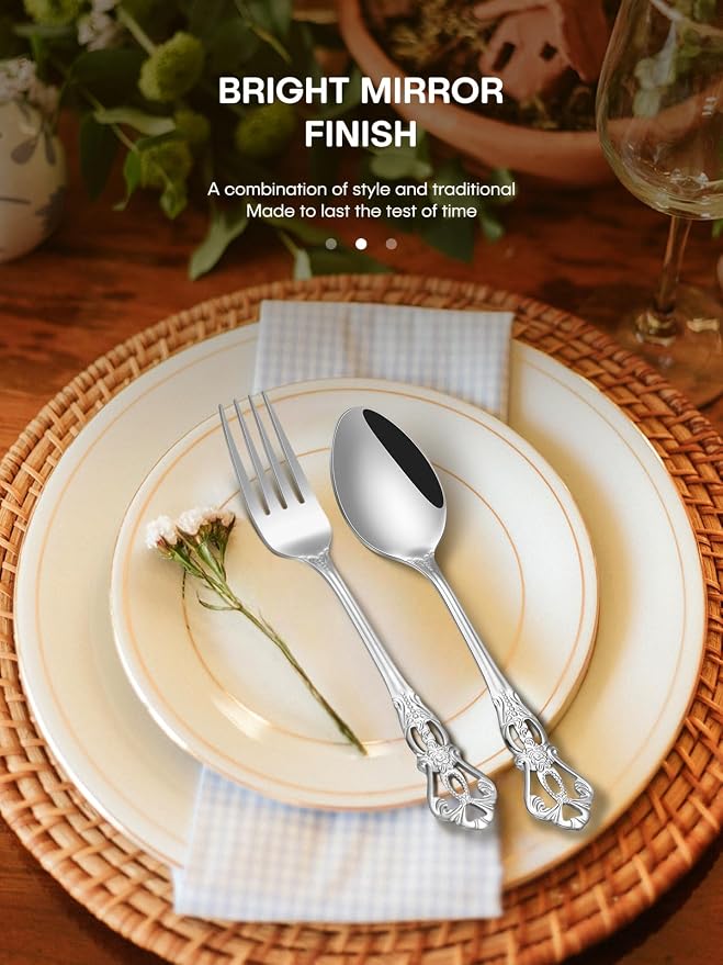 Stapava 48 Pcs Gorgeous Retro Royal Silverware Set with Steak Knives, Stainless Steel Cutlery Flatware Set for 8, Include Forks Spoons and Knives set, Dishwasher Safe Utensils Set, Mirror Polished