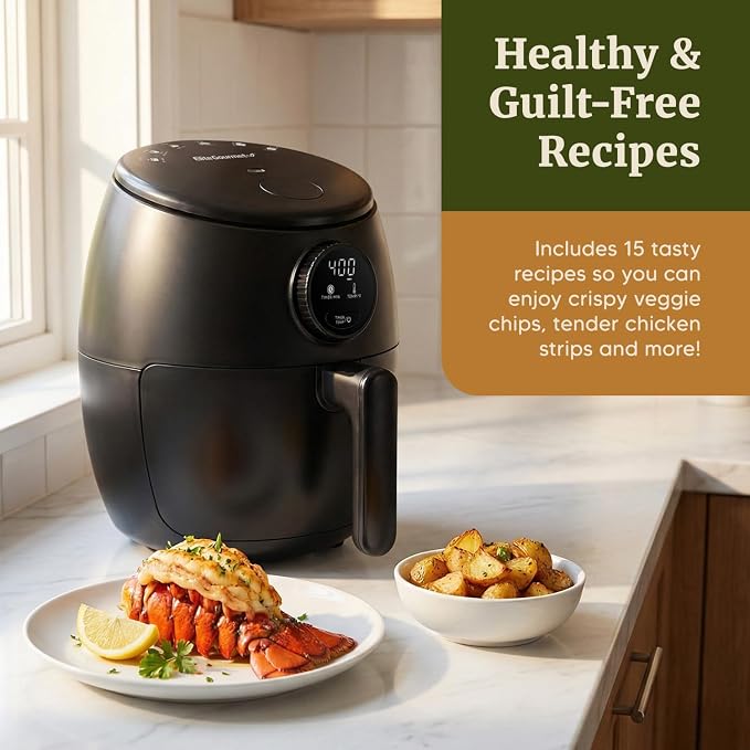 Elite Gourmet EAF2612D Personal Programmable Air Fryer, 1000W, 2.1Qt, Black | Compact Space-Saving Design, Oil-Less Healthy Cooker, Timer & Temperature Controls