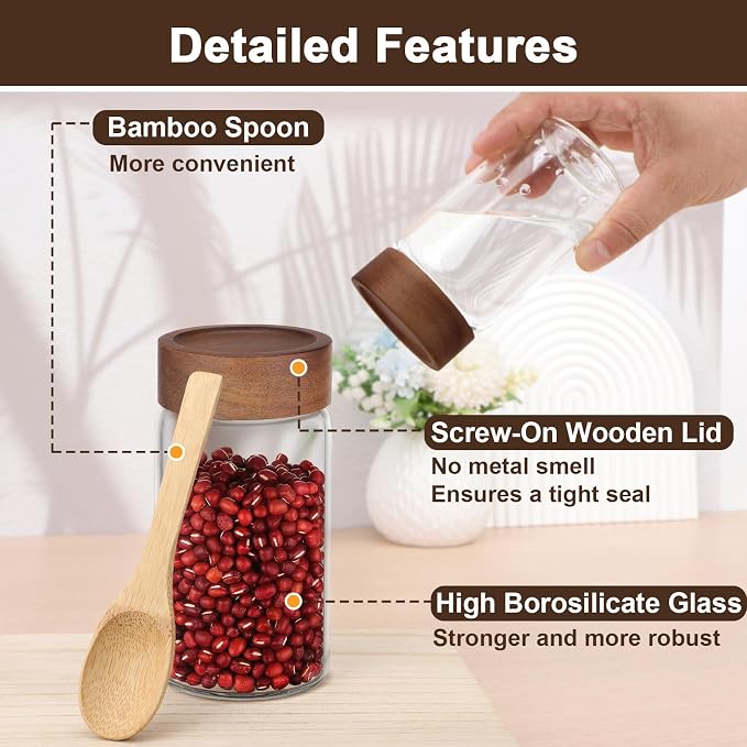 Coffee Jars Set of 4, Clear 9oz 270ml Glass Mason Jars with Wood Lids, Airtight Screw Top Glass Canister, Kitchen Sugar Containers for Pantry Storage, Spice, Tea, Candy, Oats, Beans, Seasoning