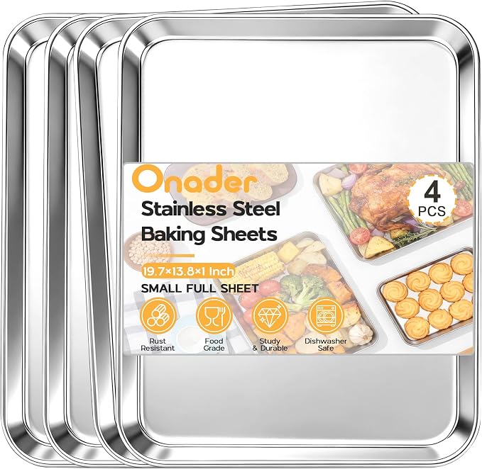 Onader 4 Pack Baking Sheet Pan, 20 x 14 Inch Stainless Steel Cookie Tray | Baking Trays for Oven, Large Roasting Pan Set, Food-Grade Half Sheet Cake Pans, Heat-Resistant Dishwasher Safe