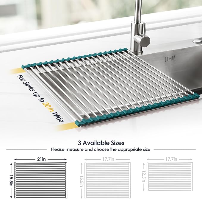 Tomorotec Roll Up Dish Drying Rack Over Sink, 304 Steel,21x15.5,Dark Green | Anti-Slip Silicone Rims For Grip, Heat-Resistant Trivet Mat Holding Heavy Cookware, Rustproof Kitchen Counter Space Saver