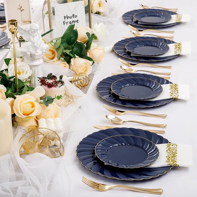 YOUBET 150PCS Blue Plastic Plates for Wedding Birthday Parties | Heavy Duty Navy Blue Disposable Plates include 50 Plates, 75 Silverware, 25 Napkins
