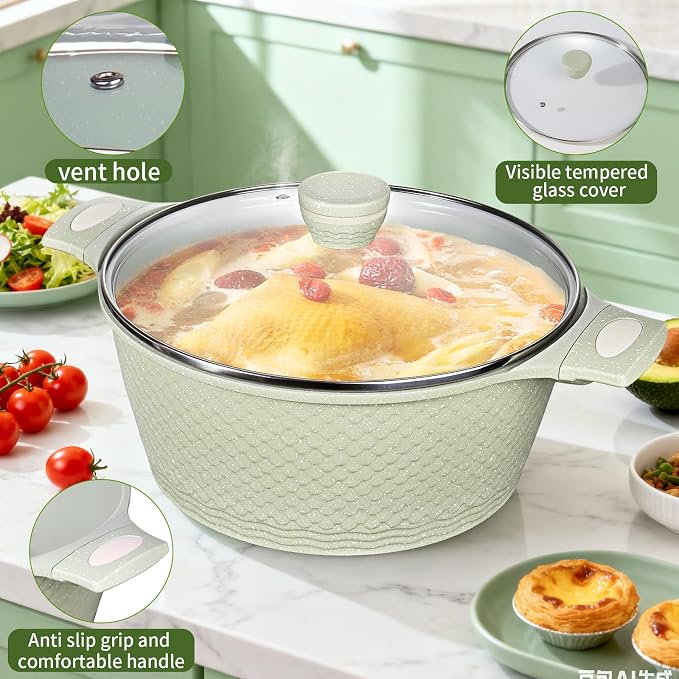 Nonstick Stock Pot with Lid 6.6QT, Large Soup Pot & Pasta Pot - Healthy Non-Toxic Granite Coating 100% PFOA/PFAS Free-Induction Compatible All Stoves - Cool-Touch Handles