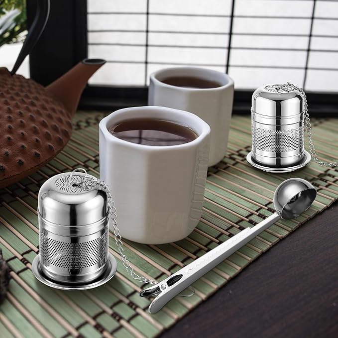 4 Pcs Tea Infuser Strainers for Loose Tea with Scoop, Extra Fine Mesh Steeper 304 Stainless Steel Diffuser Leaf Holder with Extended Chain Hook for Brew, Spices, Seasoning (Stylish Style)