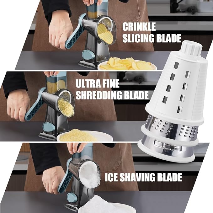 Rotary Cheese Grater Pro 6 in 1 - Shredder Crinkle Slicer Grinder Ice Shaver, Stable Suction, Time-saving Easy Use & Clean, Safe Morden Kitchen Tool for Cheese, Vegetable, Nuts, Chocolate