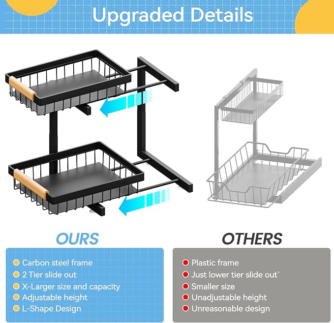 ADBIU Under Sink Organizer 2 Packs 2 Tier Expandable Height Under-Sink Organizers Slide Out Pull Out Organizer Shelf, Black