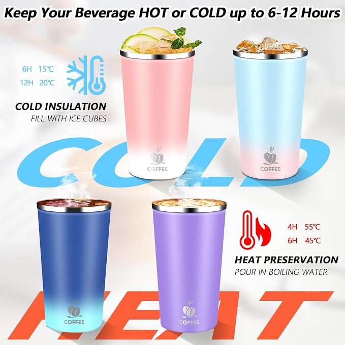 Insulated Travel Coffee Mug Reusable Coffee Tumbler Cup with Flip Lid Leak Proof Spill Proof for Office School Party Camping Hot and Cold Drink,Stainless Steel 17oz (Purple)
