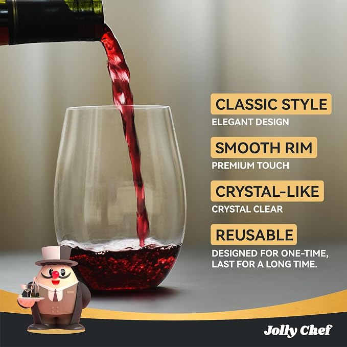 JOLLY CHEF 24 Pack 16oz Plastic Wine Glasses Stemless, Disposable Wine Cups | Premium Quality, Recyclable, Unbreakable, Ideal for Wedding, Birthday, Party, Christmas