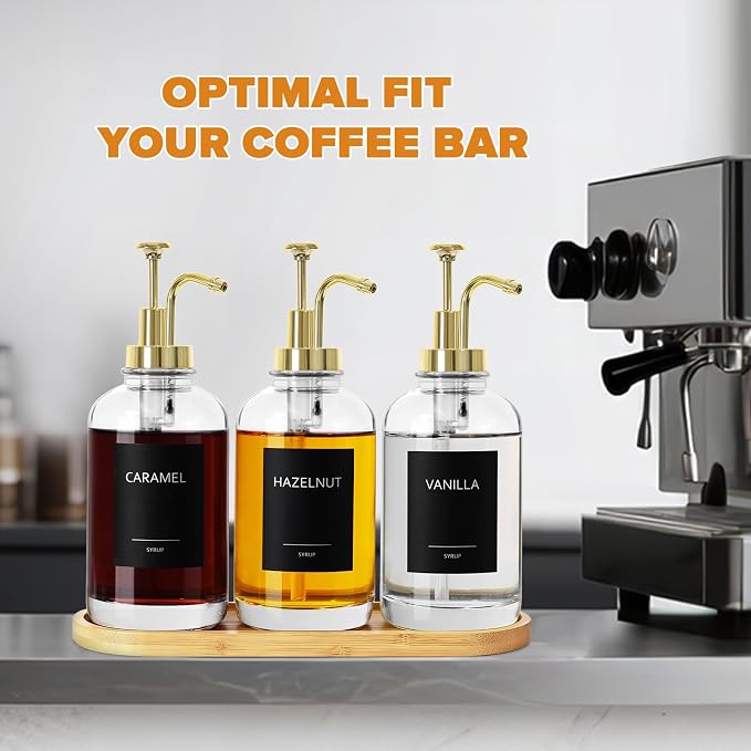 Coffee Syrup Dispenser,Syrup Dispenser for Coffee Bar，Syrup Bottles with Pump，16.9 Fl Oz Glass Honey Bottle for Coffee Bar，3 Pack，Gold