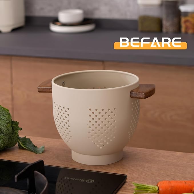 BeFare Metal Colander with Wood Handle and Stable Base, Powder Coated Steel Kitchen Strainer Basket for Draining Pasta, Vegetable and fruit (3quart,Sandyellow)
