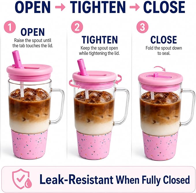40oz Glass Tumbler with Flip Straw Lid, Handle, Silicone Sleeve, Pink | Leakproof Lid, Fits Car Cup Holder Glass for Iced Coffee, Water, Cold Drinks, Travel, Outdoor, Partys&Home