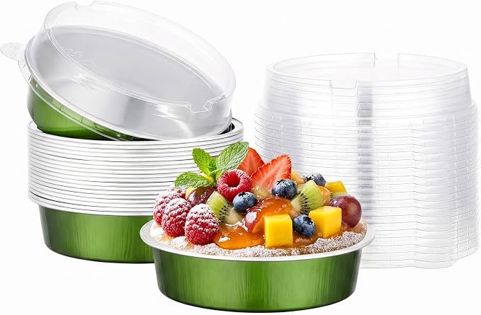 Beasea 20 Pack Mini Tart Pans with Lids, 7.3oz Avocado Green Disposable Aluminum Foil Baking Tins Cups, 4" Round Pie Container for Individual Cupcake Dessert Muffin Cheesecake Quiche Fruit Tart