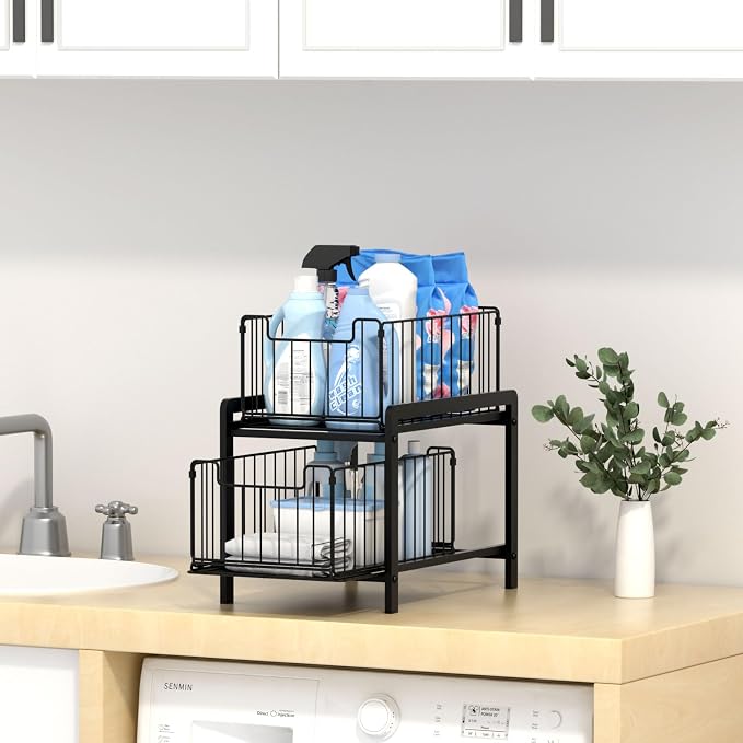 NPPLUS 2 Tier Black Under Sink Organzier With Sliding Drawer | Iron Under Sink Cabinet Organizers Pull Out Home Storage For Bathroom Kitchen Desktop