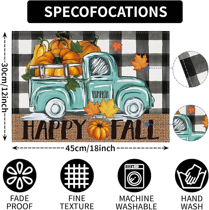 Buffalo Plaid Check Pumpkins Truck Fall Placemats Set of 6, 12x18 Inch Autumn Thanksgiving Table Mats for Holiday Party Kitchen Dining Room Decoration