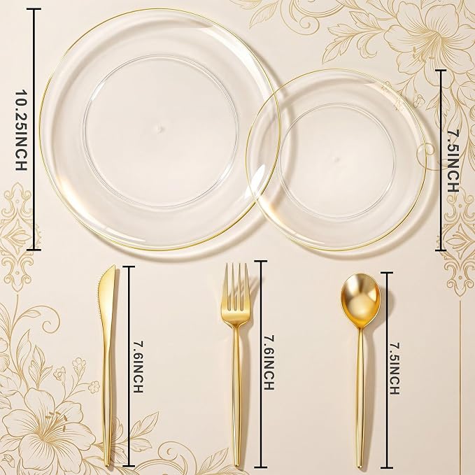 150Pcs Clear Plastic Plates,Premium Disposable Plates for Party | Clear Plates Set with Gold Rim Include 30 Dinner Plates,30 Dessert Plates, 90 plastic Silverware Set for Wedding