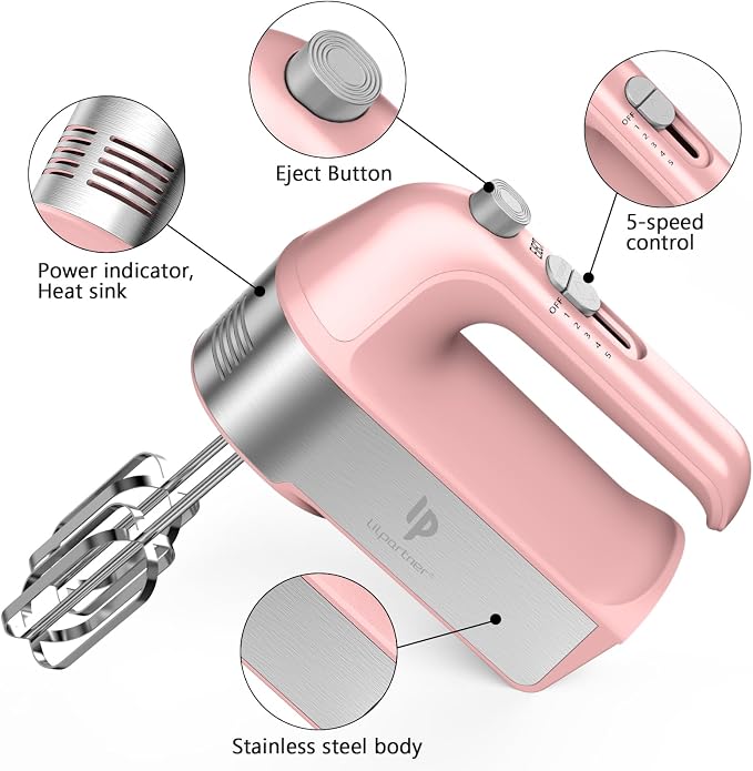 Hand Mixer Electric, 450W Kitchen Mixers with Scale Cup Storage Case, Turbo Boost/Self-Control Speed + 5 Speed + Eject Button + 5 Stainless Steel Accessories, For Easy Whipping Dough, Cream, Pink