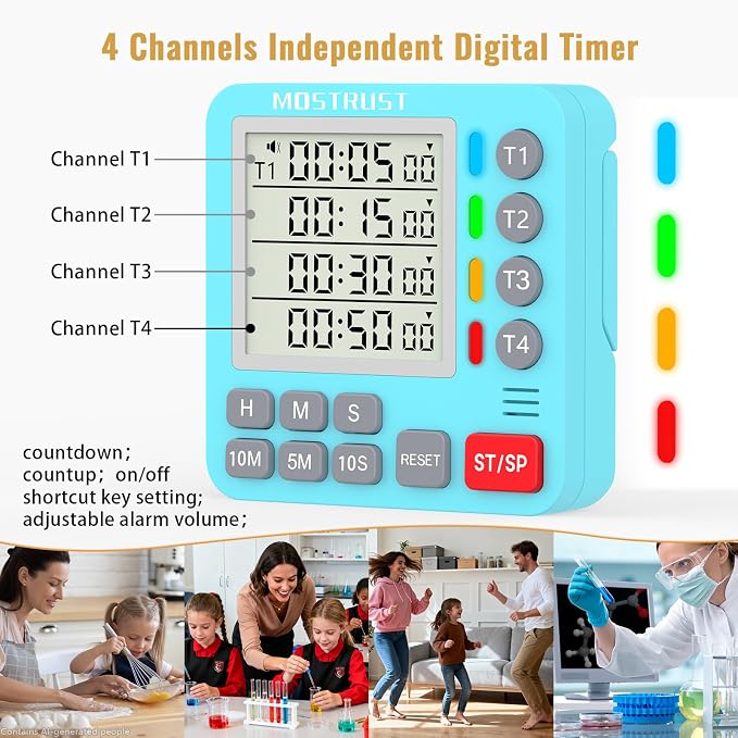 Digital Dual Kitchen Timer, Multiple Channels Countdown Timer | 4-Groups Timer with Magnetic-Back Memory-Preset Large Display Adjustable Alarm Volume, 3A Battery Included, Ideal for Cooking