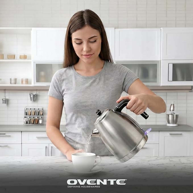 OVENTE 1.7L Stainless Steel Electric Kettle, 1500W Power, Silver KS777S | Fast Boiling Heater, BPA Free, Cordless Body Design, Auto Shut-Off, Boil-Dry Protection, Indicator Light and Removable Filter
