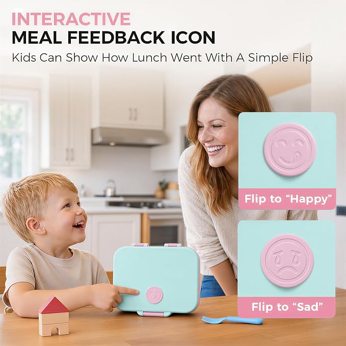 Kids Stainless Steel Bento Lunch Box, 4 Compartments | Leak-Resistant 4 Cups Lunch Container for Ages 4+ with Easy-Open Latch, Removable Seal & Meal Feedback Icon
