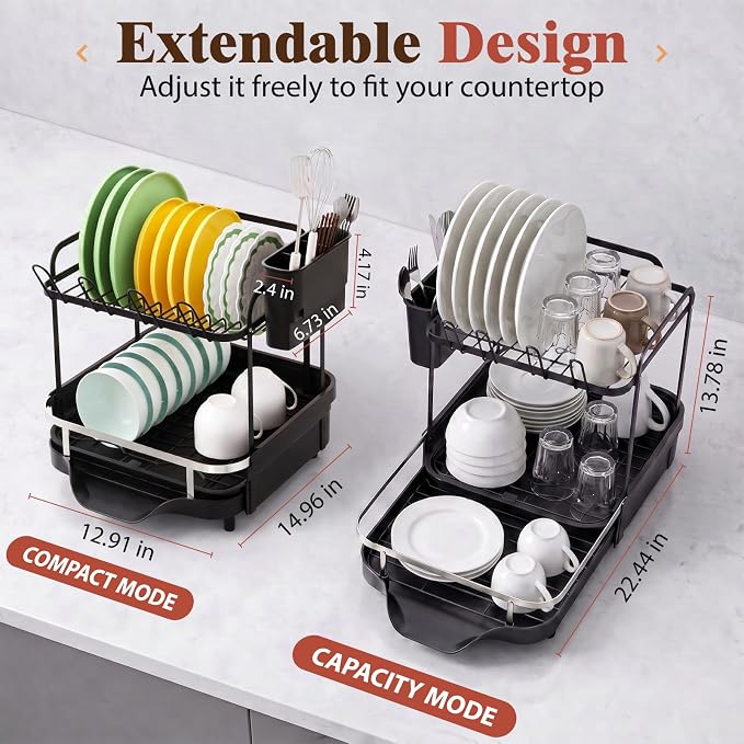 2 Tier Dish Drying Rack, Expandable Stainless Steel Dish Drainer for Kitchen Counter, Rustproof Auto Draining Drainboard, Raised Guardrail, Detachable Utensil Holder, Space Saving Kitchen Organizer
