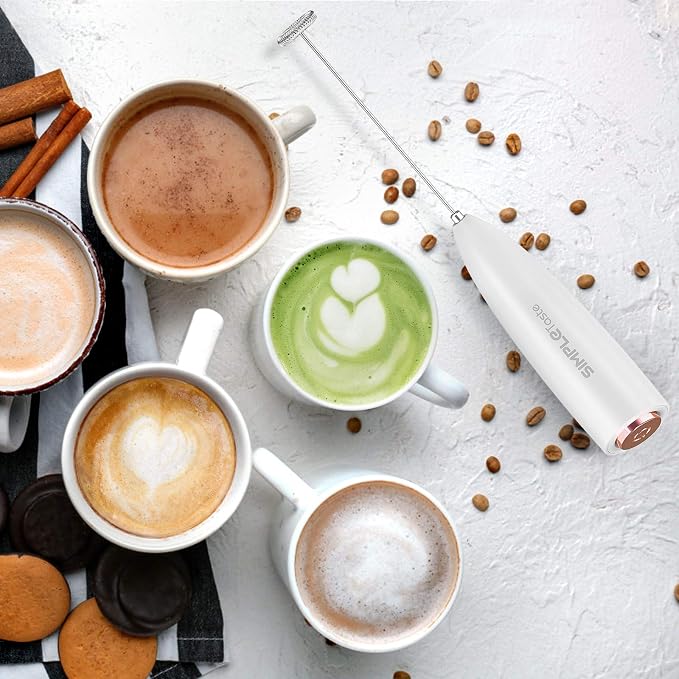 SIMPLETASTE Milk Frother Handheld Electric Foam Maker Battery Operated | Drink Mixer with Stainless Steel Whisk for Cappuccino, Bulletproof Coffee, Latte, White, with Stand