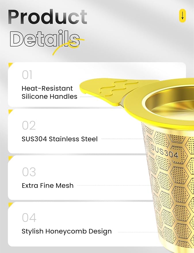 Tea Infuser for Loose Leaf Tea,Stainless Steel Tea Strainer with Silicone Handles,Extra Fine Mesh Tea Strainers for Loose Tea Filter Fine Tea Leaves Effectively,Fits TeaPots/Mugs (Gold)