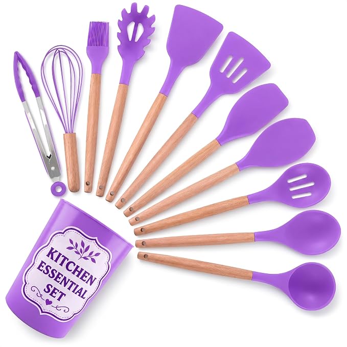 12 Pcs Purple Kitchen Accessories with Holder for Nonstick Cookware | Silicone Cooking Utensils Set for BBQ; Heat-Resistant Tools with Wooden Handles for Baking, Serving, Frying, and Mixing