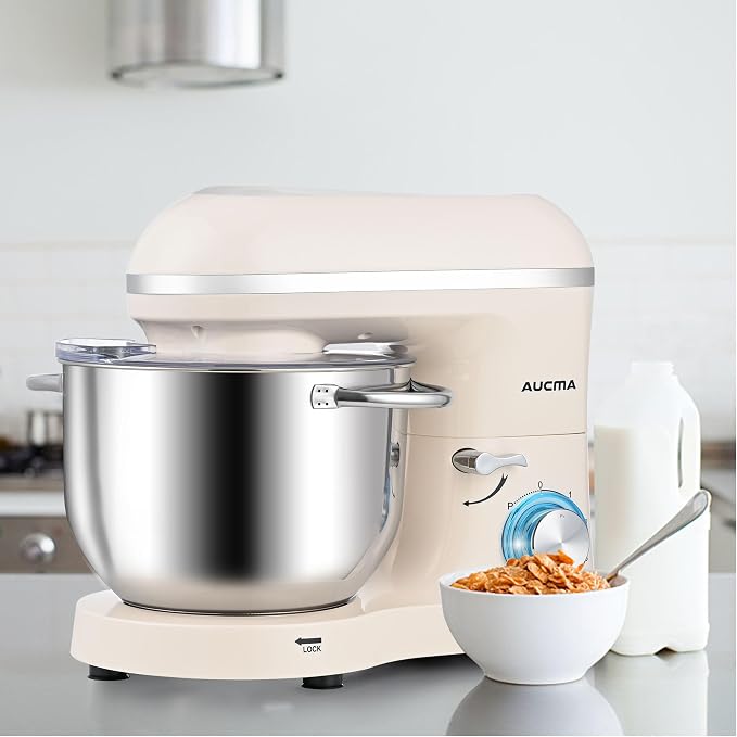 Aucma Stand Mixer,6.5-QT 660W 6-Speed Tilt-Head Food Mixer, Kitchen Electric Mixer with Dough Hook, Wire Whip & Beater (Almond Cream, 6.5QT)