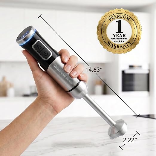 OVENTE Cordless Hand Blender, Rechargeable with 8 Mixing Speed Black HR981B | 200 Watts Handheld Portable Stick Mixer, One-Touch Control and Stainless Steel Blades for Smoothies, Shakes or Soups