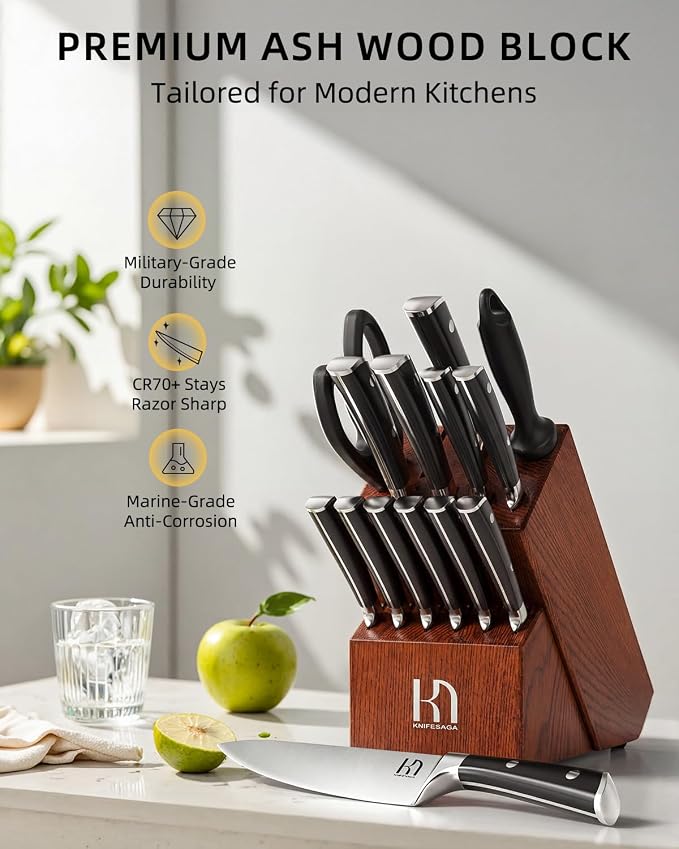 KnifeSaga Knife Set, 15 Pcs Kitchen Knife Block Set, Enduring Razor-Sharp High Carbon Stainless Steel Chef Knife Set with Block and Sharpener, Premium Knives Set for Kitchen, Ash Wood Valentine's Gift