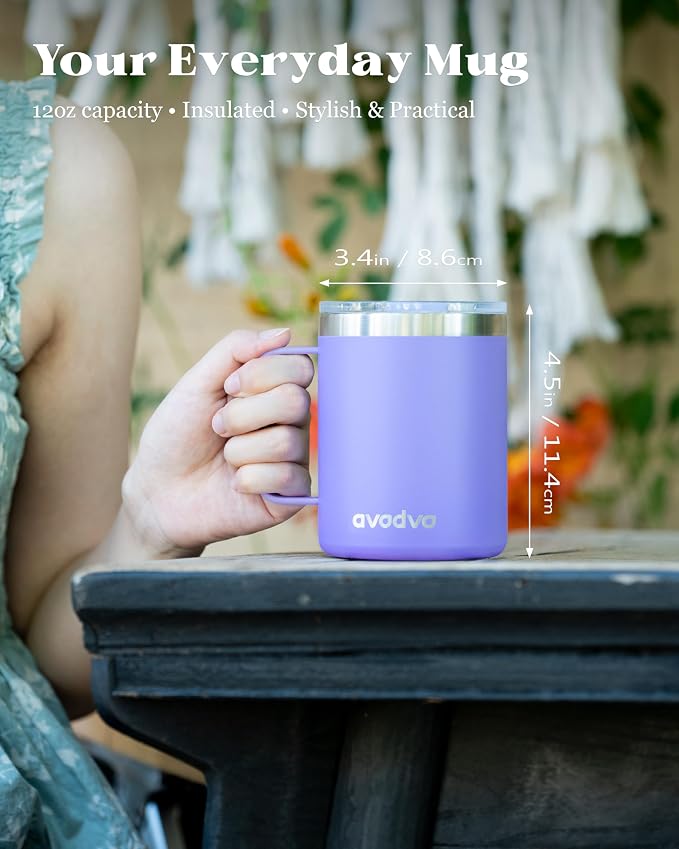 12oz Insulated Coffee Mug with Lid – Includes Two Lids, Stainless Steel Coffee Travel Mug with Handle, Double Wall Vacuum Insulated Camping Mug for Home, Office & Outdoor, Periwinkle Purple