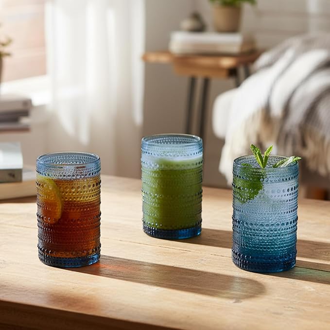 Moretoes 12 Oz Vintage Hobnail Drinking Glasses Set of 6 | Blue Highball Glasses Clear Embossed Boho Water Glass Cups Kitchen Bar Tumbler Glassware Set for Whiskey, Beer, Juice, Milk