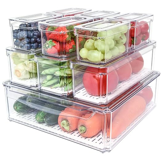 POMEAT 10 Pack Fridge Organizer, Stackable Refrigerator Organizer Bins with Lids, Produce Fruit Storage Containers for Storage Clear for Food, Drinks, Vegetable Storage