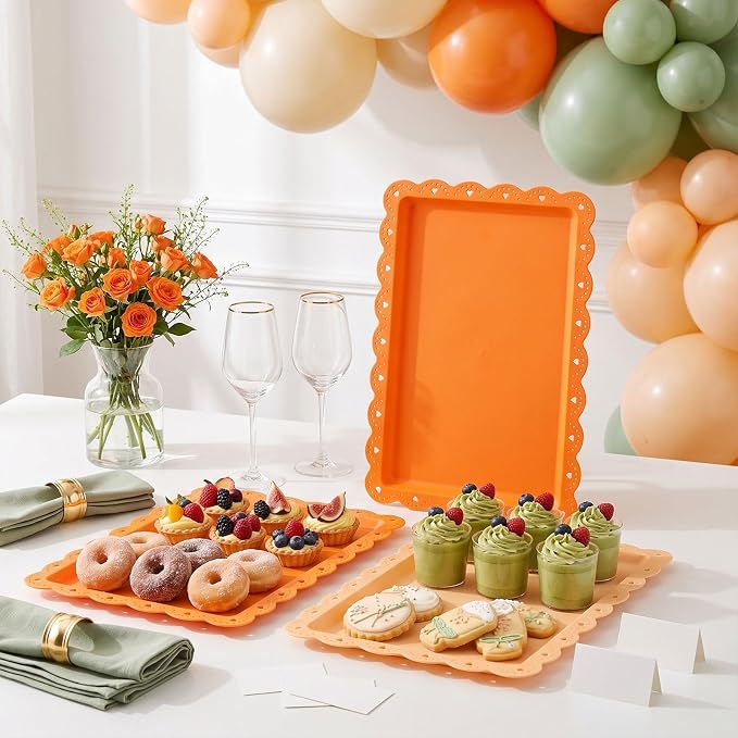 6 Pcs Orange Serving Trays Plastic Platters Dessert Cupcake Holder Party Supplies 14.4 x 9.3 Inches Rectangular Cookie Snack Display Tray for Wedding Restaurant