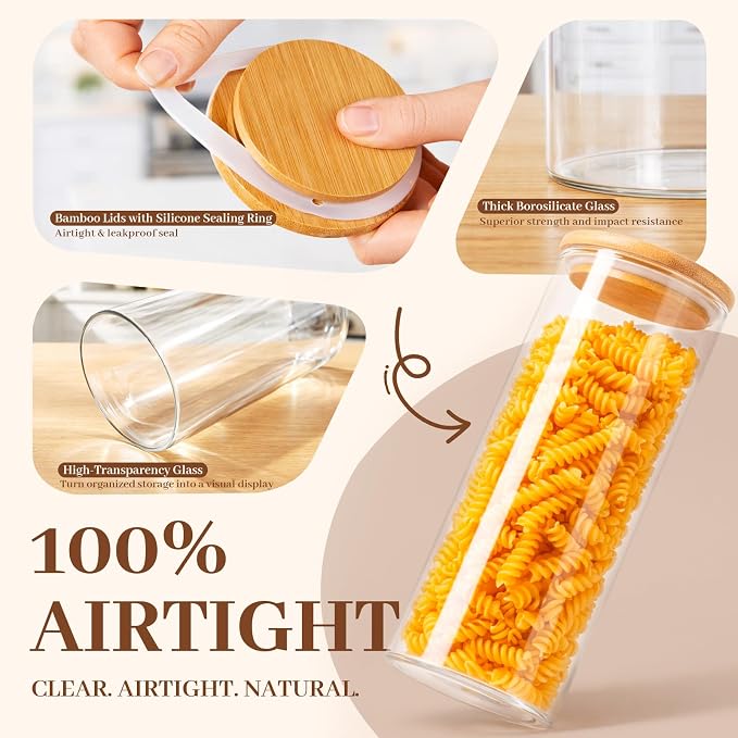 Stackable Glass Food Storage Containers with Lids [Set of 8 ], Airtight Glass Canister for Kitchen & Pantry Organization, Clear Borosilicate Jars for Pasta, Cereal, Flour, Sugar, Nuts