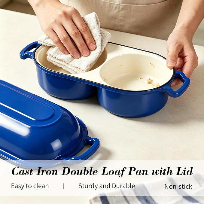 Double Dutch Oven for Sourdough Bread Baking, Enameled Cast Iron Bread Pot with Lid, Double Round Loaf Space, 500F Oven Safe, Non Stick Mini Loaf Pans for Homemade Cake Meatloaf