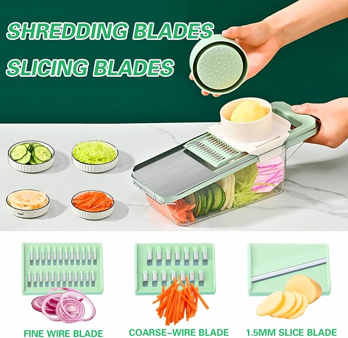 Mandoline Slicer, Vegetable Cutter with 3 Stainless Steel Blades | Hand Guard Veggie Chopper with Container & Lid, Multifunctional Kitchen Dicer for Onion, Potato, Carrot & Fruit