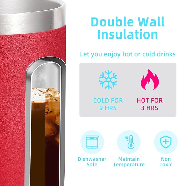 Volhoply 14oz Insulated Stainless Steel Coffee Mug with Lid Bulk 2 Pack,Double Wall Vacuum Travel Coffee Cup with Handle,Reusable Cups Tumbler,Camping Mugs Keep Hot/Cold,Ideal Gifts(Red,2)