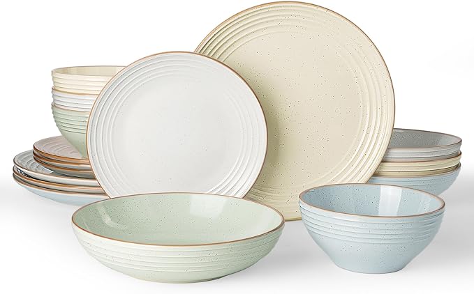 Famiware Jupiter Stoneware Dinnerware Sets with Pasta Bowls, Dishes for 4 | 16 pcs Speckled Plates and Double Bowls with Rim, Chip & Scratch Resistant, Microwave & Dishwasher Safe, Neutral Multicolor