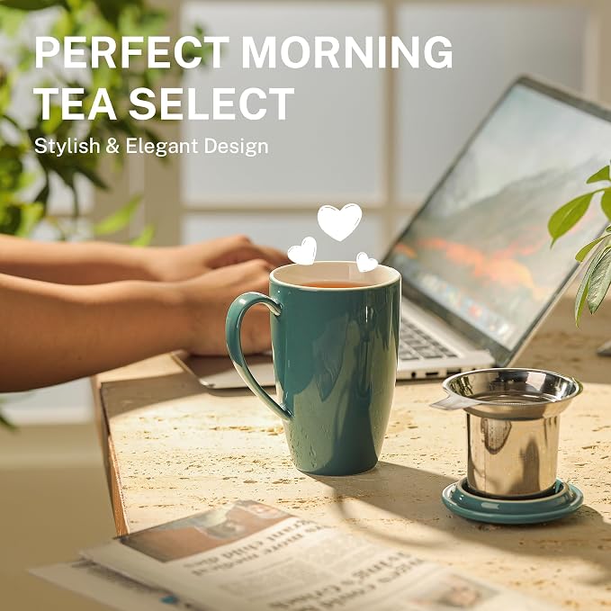 Sweese 15 OZ Porcelain Tea Mug with Infuser and Lid, Loose Leaf Tea Cup, Gifts for Tea Lover, Sage Green