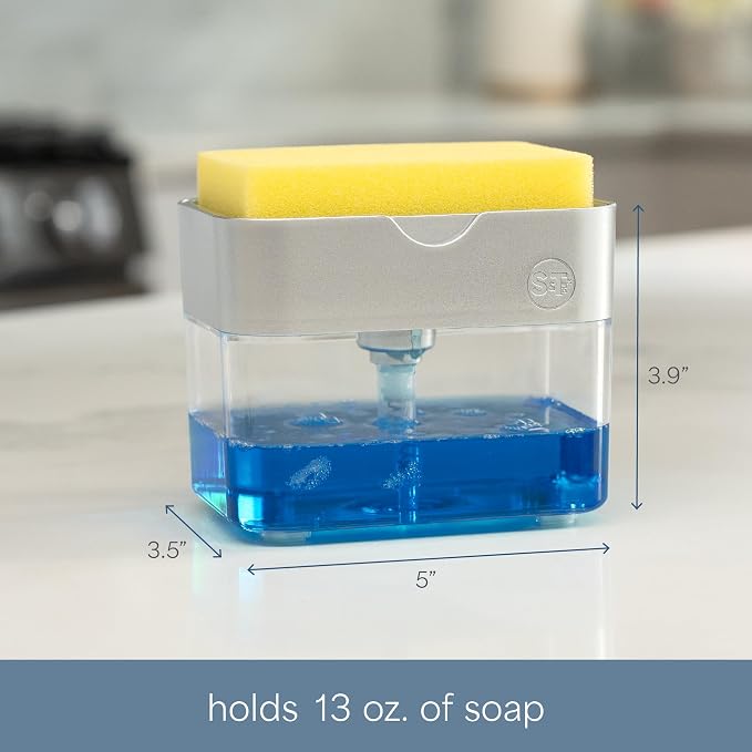 S&T INC. Dish Soap Dispenser and Sponge Holder, Silver | Holds 13 Fluid Ounces, Sponge Included, Anti-Slid Feet, Push to Dispense Perfect Amount of Dish Soap