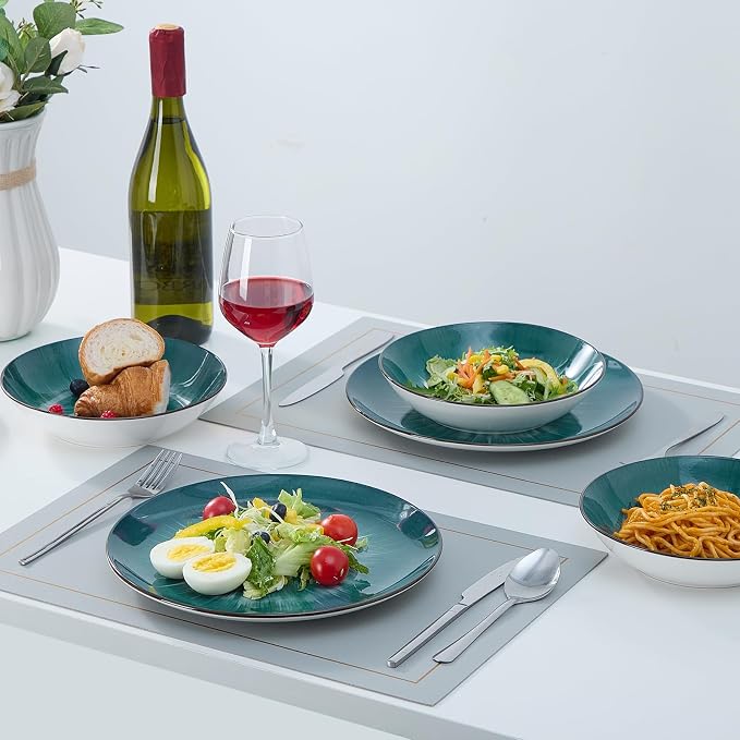 Bestone Porcelain Dinnerware Sets Service for 4, 12 pcs Hand drawn Plates and Bowls Sets, Handmade Ceramic Dish Set, Chip Resistant Modern Plate Set, Dishwasher/Microwave Safe，Starburst Green